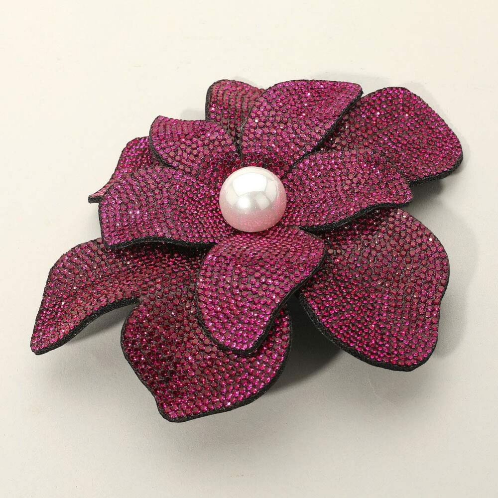 Fuchsia Pearl Floral Pin Crystal Studded Brooch Rhinestones Flower Accessory
